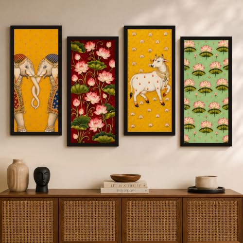 Image of Paintingmantra Traditional Floral Pichwai Framed Wall Art Painting For Living Room | Elephant, Lotus Flowers, Cow Poster with Frame for Wall, Decoration item for Bedroom, Set of 4, Size- 9.5x19.5 Inch