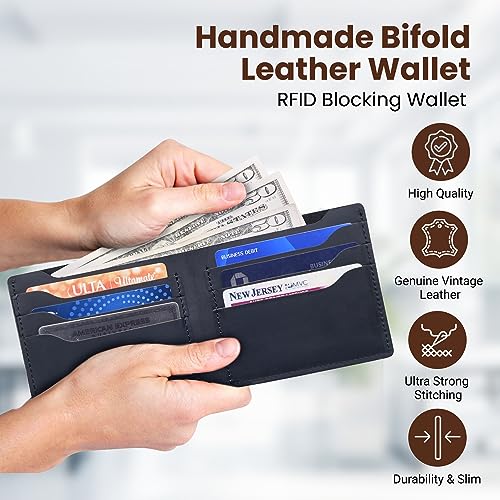 Leather Wallet for Men, RFID Blocking, Extra Capacity Mens Bifold Wallets, Genuine Leather, Handcrafted, Strong Stitching, Extra Capacity for bills, 6 Card Slots, Gift for Him (Black)3