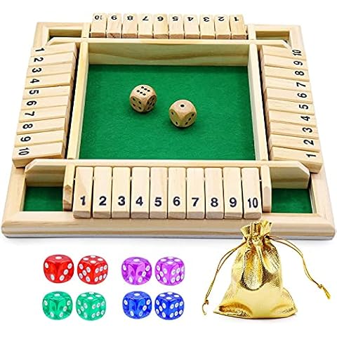 BEIJITA Shut The Box 4 Player Dice Game Educational Wooden Number Board Game a Classic 4 Sided Family Shut Box Game Digital Flop Game with 10 Dices for Kids Adults 2-4 Players Shut-The-Box Cover