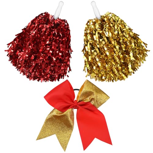 Hanaive 3 Pcs Cheerleading Pom Poms Bow Set,Red Gold,Classic