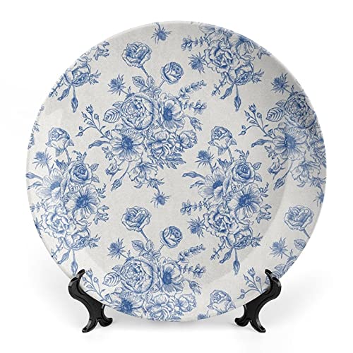 XISUNYA 10 Inch Decorative Plate, Floral Round Porcelain,Bouquet of Blue Flowers Delicate Victorian Design Print Ceramic Wall Hanging for Home & Office Wall Hanging Decor