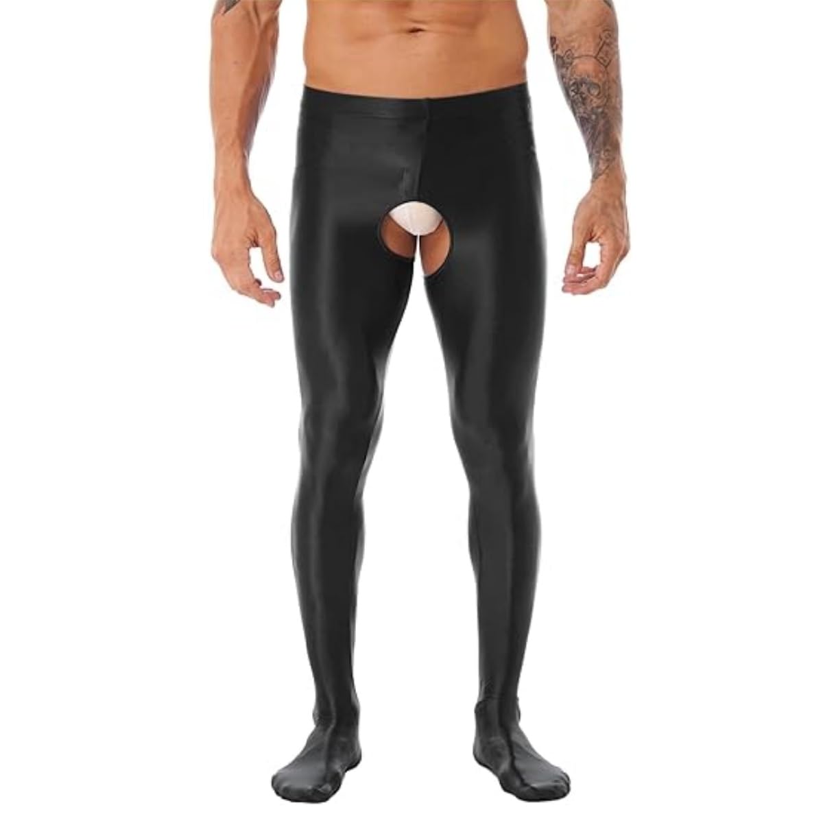 Men's Glossy Tights, High Waist Tummy Control Crotchless Fitness Leggings, Seamless Stretchy Spandex Pantyhose for 80s Disco, Slim Fit Solid Nylon Stockings Hosiery for Dancewear Nightclub Rave Party