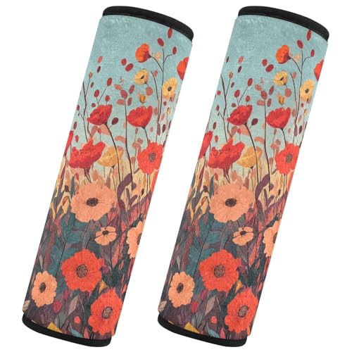 Image of Autumn Poppy Flowers Seat Belt Cover Pad 2 Pcs Soft Cute Seatbelt Covers Protector Support Head Neck Shoulder Strap for Car Seats High Chair Backpack for Adults Kids Women Men 10x7.7In 2 Pack
