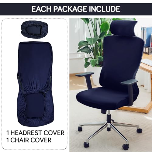 Image of HOKIPO 140 GSM Office Chair Cover with Headrest (High-Back) - 140 GSM Stretch Fabric - Washable, Anti-Slip Fit for Ergonomic Mesh Office Chairs, Midnight Blue (AR-6704-BL)