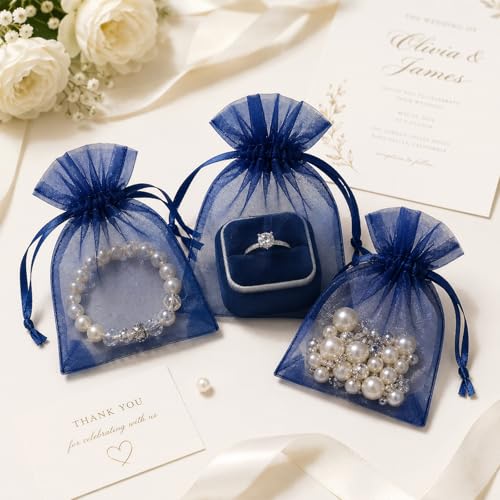 Image of Joycraft 50 Pcs Organza Bags - 2x3 Inch Gift & Party Favor Bags - Navy Blue Mesh Drawstring Pouches for Jewelry, Candy, Desserts & Festivals