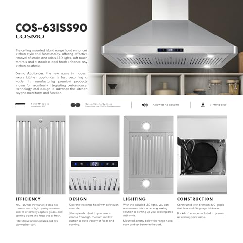 COSMO COS-63ISS90 Island Range Hood with 3-Speed Fan, 380 CFM, Permanent Filters, LED Lights, Soft Touch Controls, Ducted Kitchen Vent Hood Extractor, 36 inch, Stainless Steel