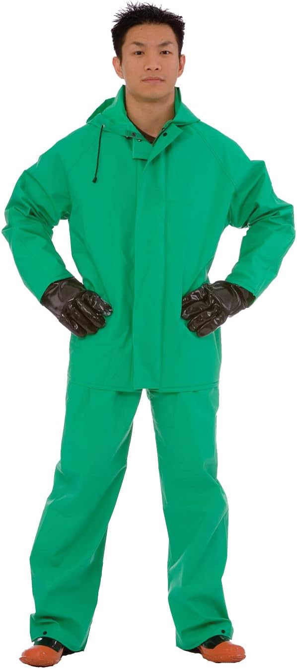 CordovaCordova RS452GM Apex FR .45 MM Green PVC/Nylon Scrim/PVC, 2-Piece Acid/Chemical Suit, Limited Flame Resistant, Storm Fly Front, Bib Style Pants with Suspenders, Attached Hood, Medium