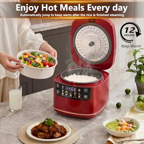 Image of Portable Digital Rice Cooker, 6-Cup (Uncooked) /12-Cup (Cooked) Small Rice Maker with Steaming Basket, Mini Rice Cooker with 2L Removable Nonstick Inner Pot, 10 Menu Options, Auto Keep Warm, 24 Hour Delay Timer (Dark Red)