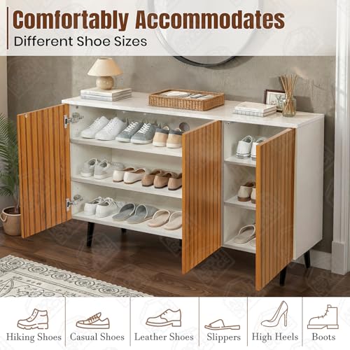 Image of ABOUT SPACE Shoe Cabinet - 3 Tier Shoe Rack with Door | Press Open 3 Door Engineered Wood Shoes Stand for Home | Smooth Non-Fluted-Effect Adjustable Shelf Raised Legs, 15 Pair |White & Teak
