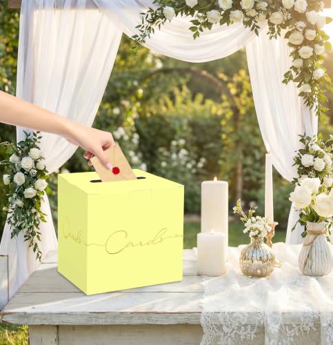 Image of HEIPINIUYE Yellow Wedding Card Box with Gold Foil 9.8 inch x 9.8 inch Yellow Large Gift Card Box for Party Wedding Reception Graduation Birthday Baby Shower Cardboard Raffle Envelope Box with Slot