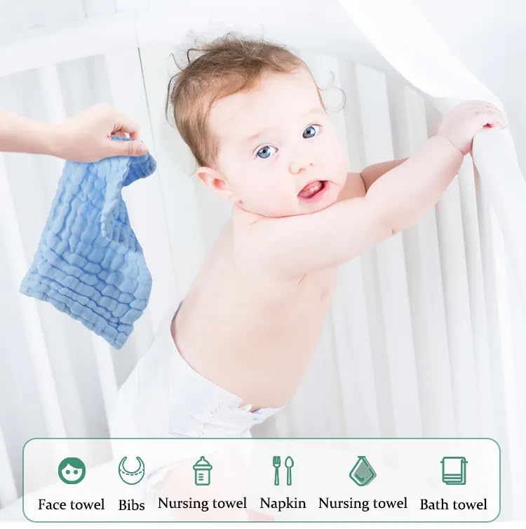 Image of Premium Muslin Baby Burp Cloths - Ultra Soft & Absorbent, 6 Layers for Newborns & Infants - Pack of 5 /10 - Baby Essentials for Baby Feeding (White Printed, Pack of 10)