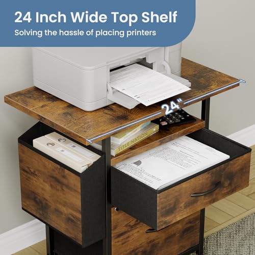 Image of Simple Deluxe 2 Drawer File Cabinet with 24 inch Extended Desktop, Mobile Filing Cabinet, Rolling File Cabinet with Side Bag, Fabric Drawer, Fits A4 /Letter Size, Printer Stand Home Office, Brown