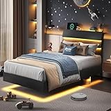 Feonase Twin Floating Bed Frame with Led Lights and Charging Station, Wood Twin Size Bed Frame with Storage Headboard, Heavy Duty Metal Slats, No Box Spring Needed, Easy Assembly, Black