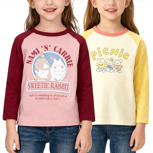 Image of 100% Cotton Girls T-Shirt 2-Pack Cute Tops Casual Soft Printed Toddlers Tees Layering 18Months-8Years