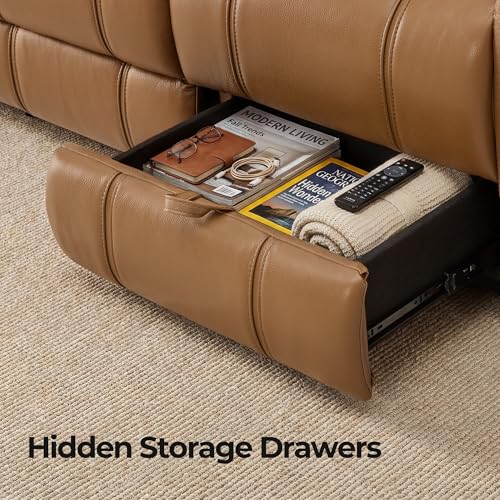 Image of CHITA Leather Power Recliner Sofa Wall Hugger, Saddle, 3 Seater