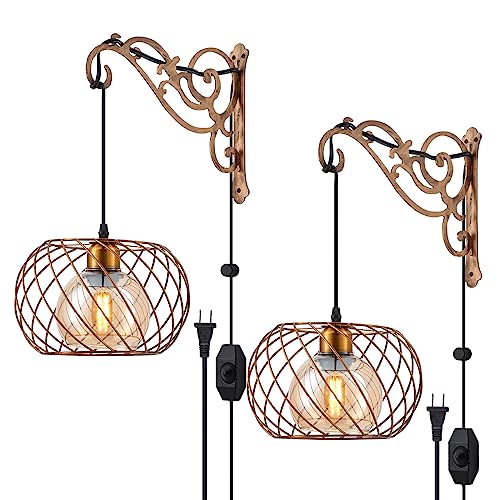 Image of Boho Hanging Lamps Plug in Wall sconces Gold Glass Dimmable,Vintage Hanging Wall Lantern Light Lamp Plug in for Bedroom, Living Room,2PK