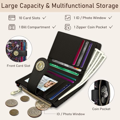 Image of Kelvoris Goth Gothic Bats Spiders Web Small Rfid Women Wallet Bifold Zipper Coin Pocket PU Leather Compact Cash Credit Card Holder Travel Wallet for Female Ladies Teen Girls 1 ID Window 10 Card Slots