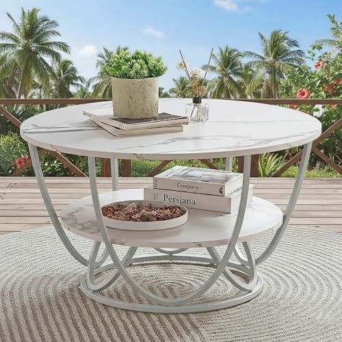 Image of Round Storage Coffee Table Contemporary Coffee Table for Living Room Wood Top with Metal Frame (Gry White)