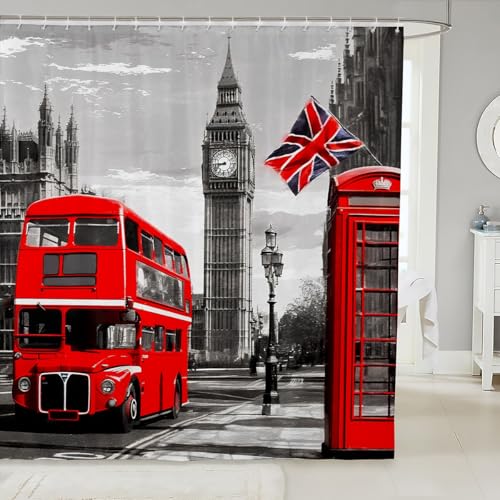 Loussiesd London Big Ben - Cortina de baño de 72 x 78 pulgadas, diseño retro de cabina telefónica para niños, diseño de autobús turístico, moderno juego de cortinas de ducha para decoración de