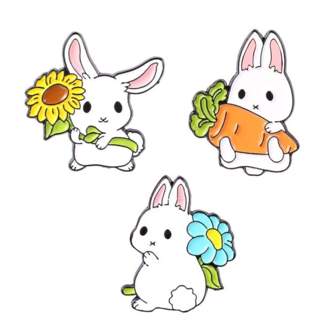 Rabbit Enamel Pins - Set of 3 Adorable Multicolour Enamel Pins Brooches for Men & Women