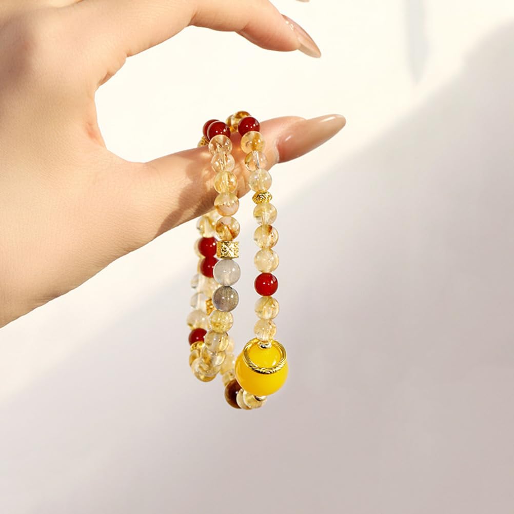 Bracciale in Cristallo a Sei Pietre: Quarzo Giallo, Agata Gialla, Agata Rossa, Occhio di Tigre Giallo, Occhio di Tigre Dorato e Gioielli con Perline di Pietra Luna Grigio Argento