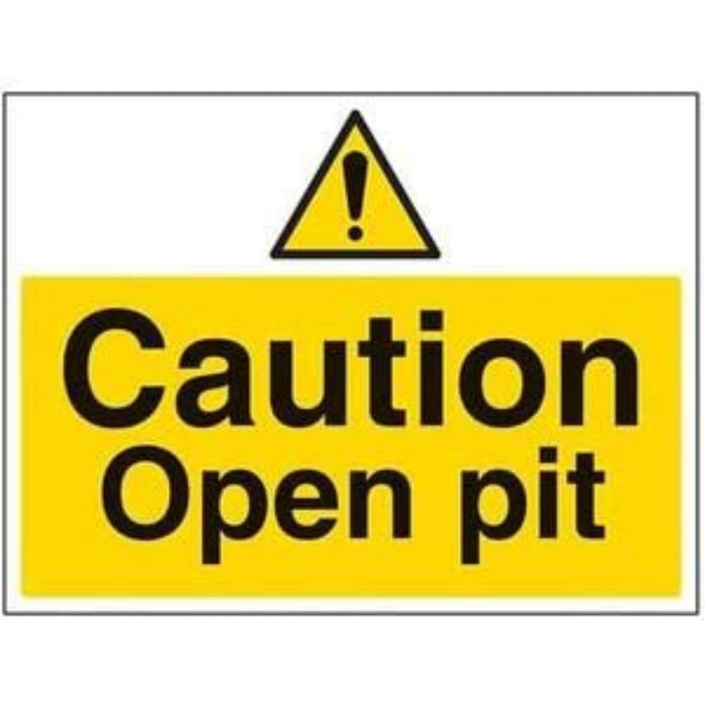 V Safety 67039BF-R Caution, Open Pit Warning Sign - Landscape - 400mm x 300mm - 1mm Rigid Plastic, Black/Yellow