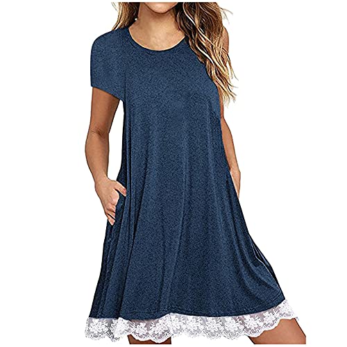 Womens Summer Short Sleeve Dresses Lace Stitching Hem Dress Comfy Loose Home Dress with Pockets Casual Round Neck Dress Navy