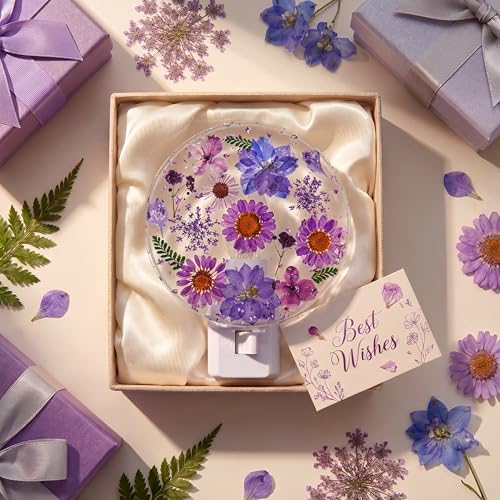 Image of Glooglitter Pressed Flower Night Light Plug in-Handmade Dried Floral Wall Night Light, Soft Glow Decorative Nightlight for Hallway Bedroom Nursery Bathroom, Vintage Botanical(Purple,Flower)
