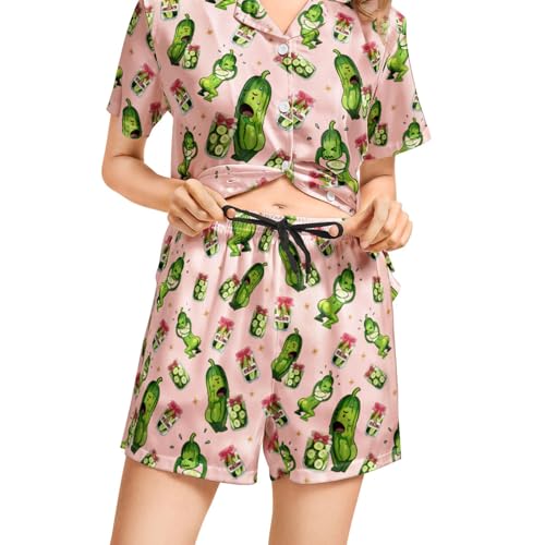 Image of Silk Satin Pajama Set for Women Summer Lounge Pjs Sets 2 Piece Suit Ladies Button Down Tops And Shorts Sleepwear