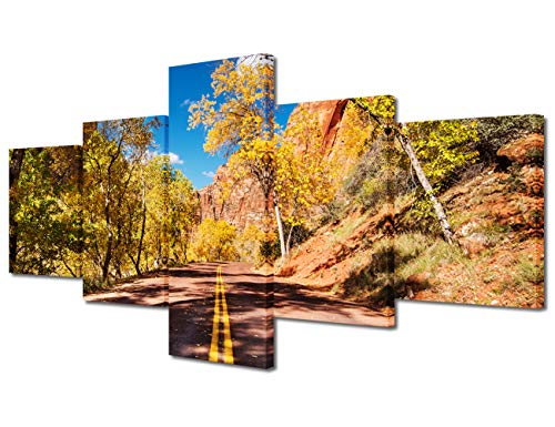 TUMOVO Canvas Art Wall Decor, 5 Panels Nature USA Zion National Park Road Around Tree Fall Landscape Scene Route Painting, with Artwork Framed for Home Office Living Room Bedroom Wall Decor