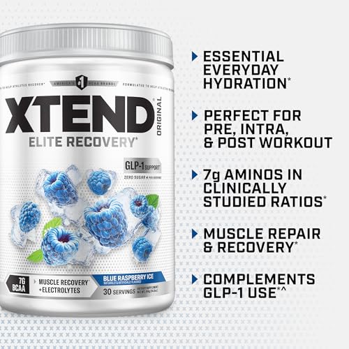 Image of Xtend Original BCAA Powder, 7g BCAAs and 2.5g L-Glutamine for Muscle Recovery Hydration and Lean Muscle, Sugar Free Intra and Post Workout Drink with Electrolytes, Blue Raspberry Ice, 30 Servings