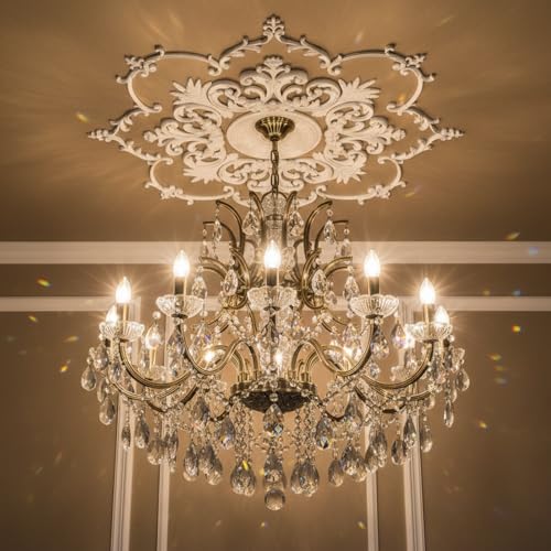 Image of Nuanchu 43.3'' Large PU Ceiling Medallion Combination Decorative 2.36'' ID French Style Chandelier Base Ceiling Medallion for Light Fixtures Victorian Rosette Light Covers for Chandeliers(Lovely)