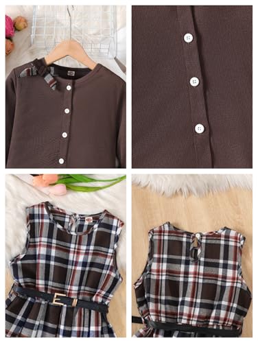 Image of PureChapter Girls' Preppy Clothes Plaid Vest Dress Cardigan Jacket Belt Cute Kids Clothes 7-14Y Green