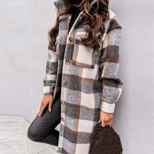 Womens Plaid Shacket Jacket Lapel Wool Blend Long Shirt Casual Button Down Coat with Pockets Flannel Trench Coats3