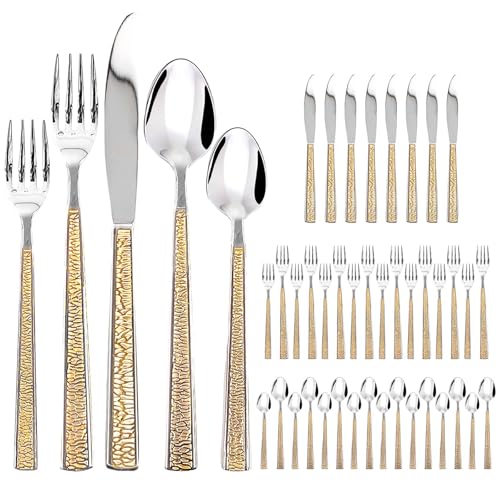 【Set Completo di 40 Pezzi per 8 Posti】Include 8 coltelli da tavola (22,5cm), 8 forchette da tavola (20,3cm), 8 forchette per insalata (15cm), 8 cucchiai da tavola (20,3cm) e 8 cucchiaini da tè (15cm). Ideale per pasti formali, regali o uso quotidiano.