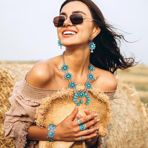 Image of Ecally Bohemian Western Jewelry Turquoise Set Women Country Pendant Long Choker Layered Bracelets Earrings Ring for Women