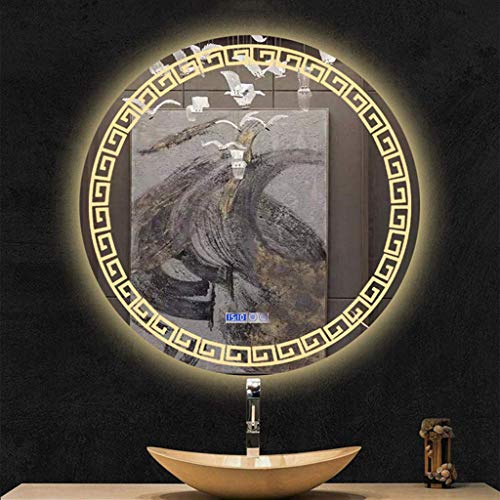 MKYOKO Espejo de baño Redondo, Espejo de tocador con iluminación LED, Interruptor de Dos toques, Espejo antiniebla con Pantalla de Tiempo y Temperatura