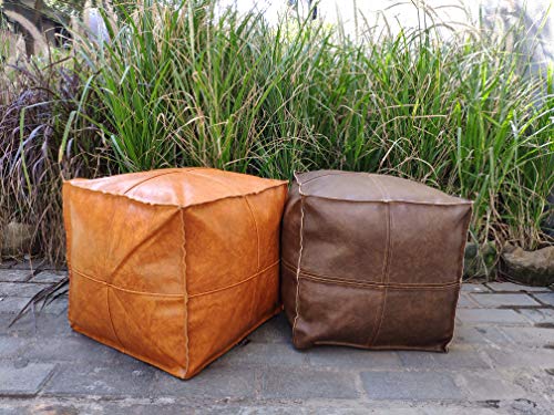 Riseon Unstuffed Boho Handmade Faux Leather Moroccan Pouf Footstool Ottoman Leather Poufs 17.7" X17.7" -Square Floor Cushion Footstool For Living Room, Bedroom And Under Desk (Tan) #TOP5