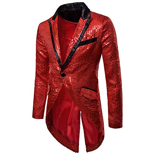 Foweknow Blazer - Chaqueta para hombre con lentejuelas, esmoquin, brillante, para carnaval, fiesta, club nocturno, espectáculo, cosplay, ropa de los años 70, disfraz para hombre, rojo, L