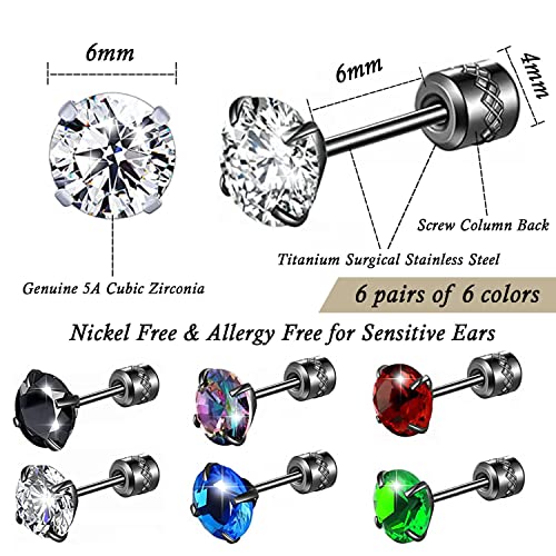 6 Pairs Titanium Stud Earrings Screw Back Stainless Steel Stud Earrings For Women Men, 6Mm Rainbow 5A Cubic Zirconia Crystal Studs Double Side Earrings Piercing Sleeper Sensitive Studs Jewelry For Girls #TOP1