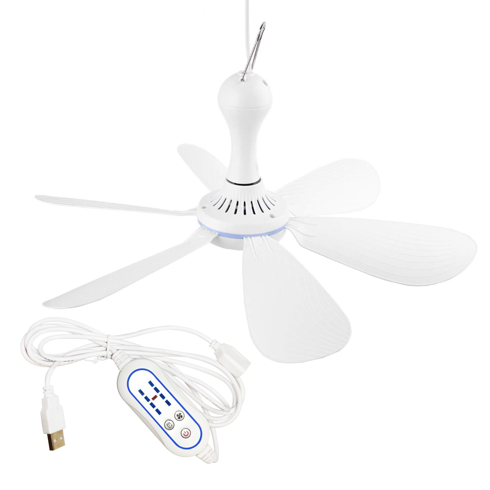 Portable Ceiling Fan USB Powered Canopy Fan with Speed Timer switch, Quiet Small DC USB Ceiling Fan Hanging Fan with 6 Blades for Camping Cruise RV Tent Gazebo Bed Dormitory Home Room