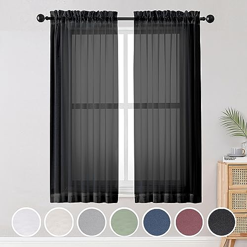 Image of OWENIE Black Sheer Curtains, Sheer Curtains 63 inch Length 2 Panels Set, Rod Pocket Voile Fimly Sheer Drapes for Living Room /Bedroom, 2pcs, Each 42 inch W x 63 inch L, Black