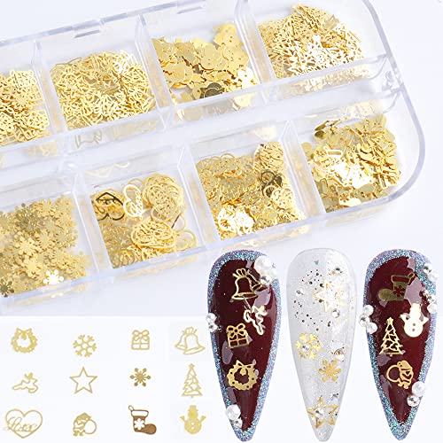 Christmas Nail Art Glitter, 12 Grids Gold Snowflake Nail Charms Snowflakes Snowmen Elk Bell Gift Xmas Tree Christmas Nail Design Winter Confetti Glitter Sequins Manicure Diy Nail Decoration #TOP1