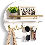 Key Holder for Wall Decorative with Shelf and Hooks, Mail Organizer Wall Mount with Sunglasses Holder, Circular Design Entryway Key Rack Hanger, Rustic Home Decor Boho Wall Decor (White)