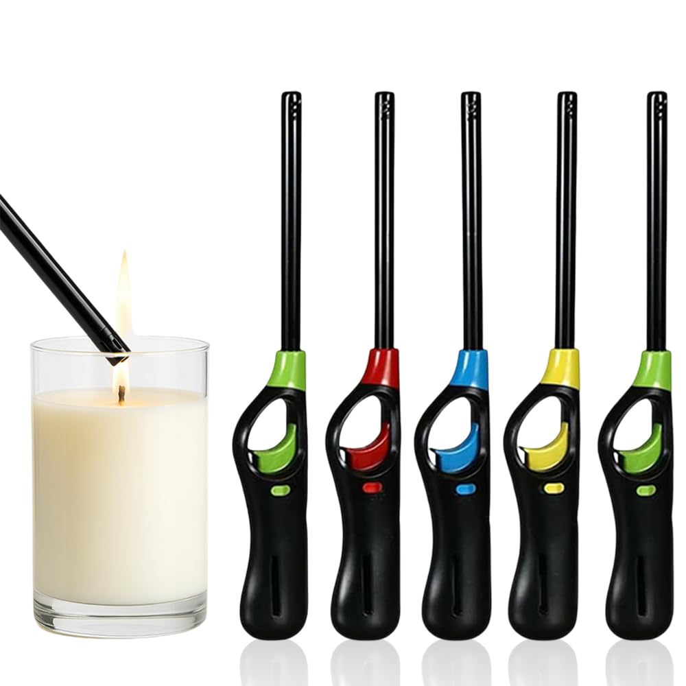 5 x Candle Lighter Refillable Gas Adjustable Flame Windproof Long Reach BBQ Lighter for Kitchen Cooking Camping Wood Burner & Fireworks