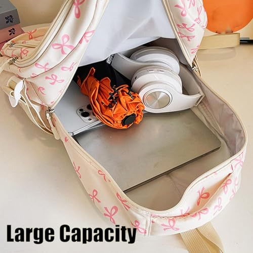 Coquette Bow Backpack for Girls, 3PCS SET Coquette Bow Backpack, Cute Kawaii Backpacks Set Large Capacity (White-Pink)4