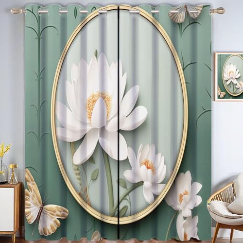 Cortinas Opacas de Salón Estilo Chino Termicas, Verde Impresión Loto Blanco Mariposa Aislantes de Frío y Calor Opacas Cortinas, 140×245 CM Salon Cocina Decorativ
