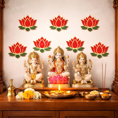 Image of Divyakosh Red Lotus Wall Stickers for Wall Decor (12 Pieces, 3x3.5 Inch) | Temple Decor, Puja Backdrop Decoration, Mandap| Peel & Stick Lotus Stickers for Home & Festive