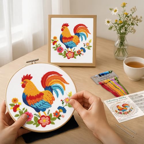 Image of Nuberlic Rooster Embroidery Kit for Adults Beginners, Stamped Farmhouse Embroidery Starter Kit with 7.9 Inch Hoop, Threads, Needles & Instructions, DIY Needlework Craft Gift