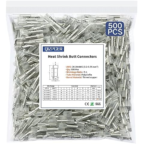 500 Pcs Clear Heat Shrink Butt Connectors, 26-24 AWG Marine Grade Insulated Crimp Wire Connectors, Waterproof Electrical Connectors Butt Splice for Boat Truck Wiring Cover